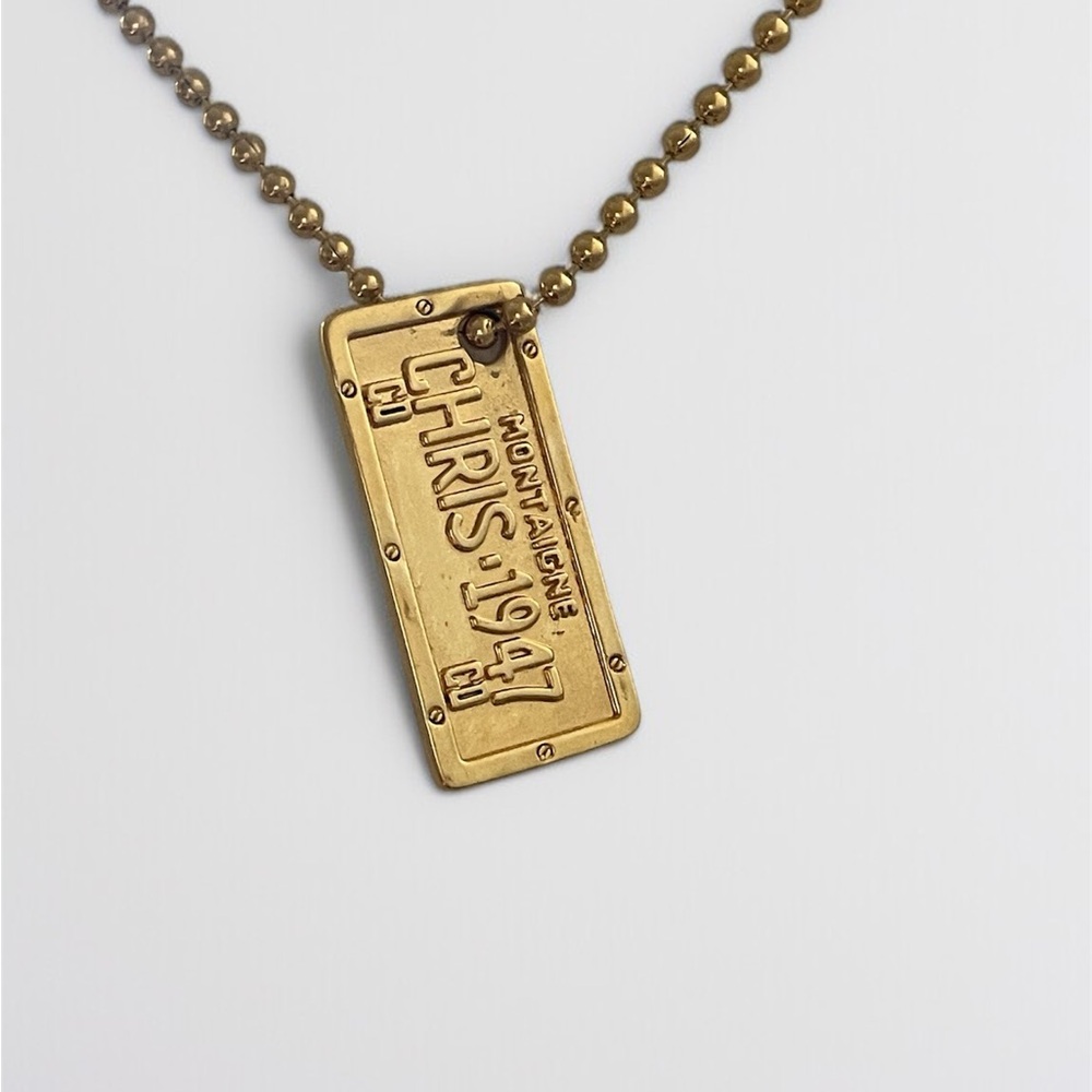 Vintage Christian Dior Gold-Tone Plate Pendant Necklace with Ball Chain